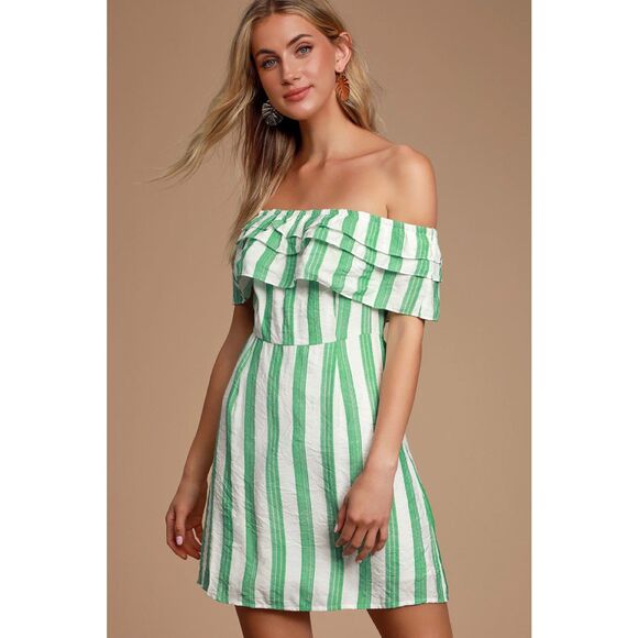 NWT Lulus Persephone White & Green Striped Off the Shoulder Ruffle Dress Size S - Picture 3 of 16